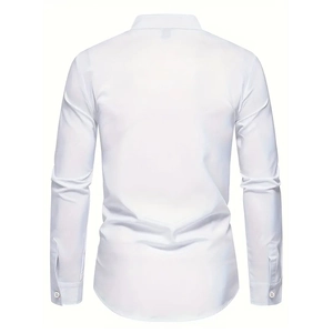 Rear view of white slim fit men's shirt showing high-quality fabric and tailoring