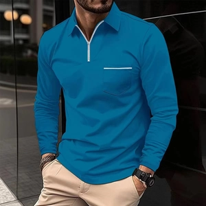 Detail view of bright blue long sleeve polo shirt with metal zipper and chest pocket