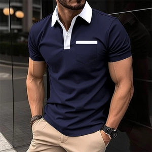 Slim fit navy blue men's polo shirt with white contrast collar and chest pocket