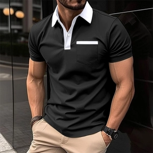 Detail showing contrast white collar and chest pocket on black polo shirt for men
