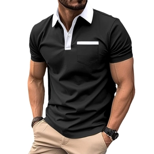 Slim fit men's short sleeve polo shirt in black with contrasting white collar and pocket