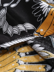 Macro shot of tropical feather print fabric with high-quality white edge stitching detail