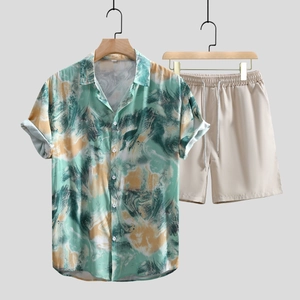Detail view of men's summer vacation set with marble print shirt and drawstring shorts