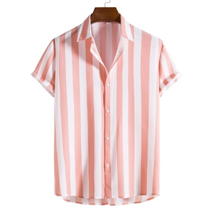 Detail of pink and white vertical striped men's short sleeve shirt with white buttons