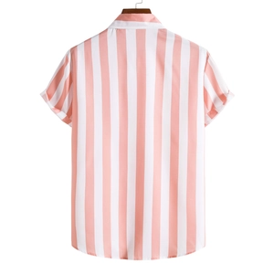 Back view of pink and white vertical striped men's short-sleeved casual shirt