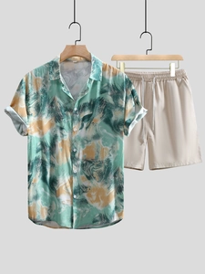 Men's summer set with short sleeve abstract marble print shirt and beige shorts