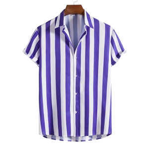 Detail of men's short-sleeved shirt with classic purple and white vertical stripes