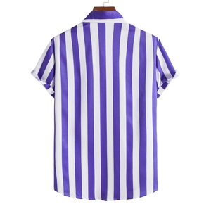 Detailed back view of a purple and white vertical striped short sleeve casual shirt
