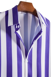 Detail of men's purple striped short-sleeve shirt collar with white buttons and M tag