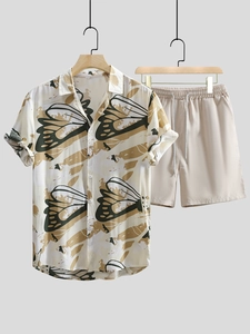 Men's summer 2-piece set with abstract butterfly print shirt and beige casual shorts