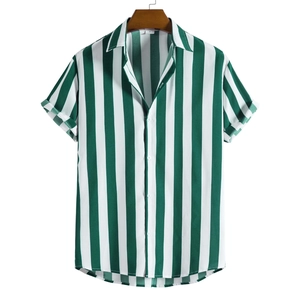 Detail of green and white vertical striped men's shirt with lapel and white buttons