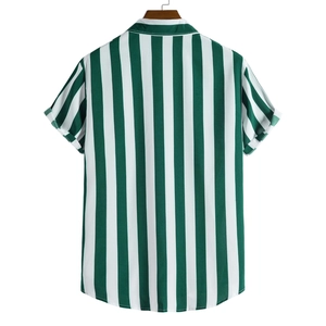 Detail of men's short-sleeved shirt with vertical green and white stripes on a hanger