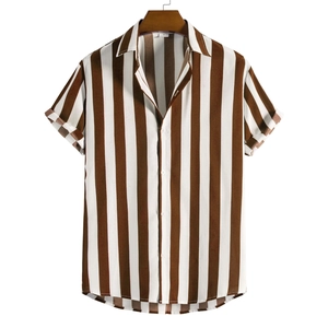 Detail of men's brown striped short sleeve shirt featuring wooden hanger and button closure