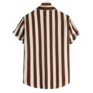 Detail view of the back of a brown and white striped short sleeve men's casual shirt