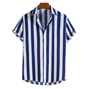 Men's casual short sleeve button-down shirt with classic blue and white vertical stripes