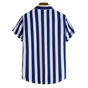 Rear view of men's short sleeve shirt with blue and white vertical stripes on hanger