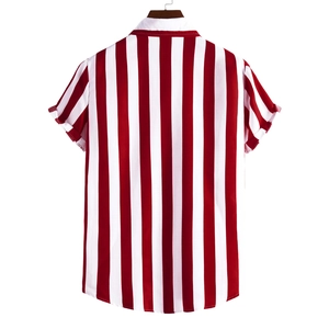 Detail view of the back of a men's short sleeve shirt with red and white vertical stripes