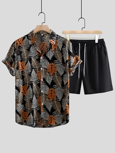 Men's summer vacation set with tropical leaf print shirt and drawstring casual shorts