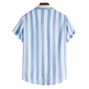 Back view of a men's short-sleeved shirt with vertical blue and white stripes on a wooden hanger