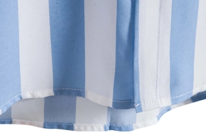 Close-up of the hem and stitching on a blue and white striped men's casual shirt