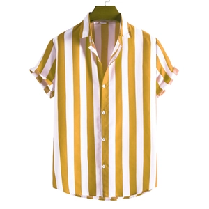 Men's casual short sleeve button-up shirt with mustard yellow and white vertical stripes