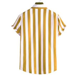 Rear view of yellow and white striped short-sleeved shirt with classic lapel collar