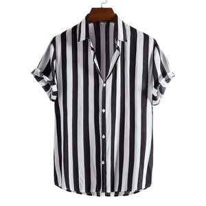 Men's vertical black and white striped short sleeve casual shirt with cuban collar