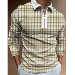 Polo Homme Mode Impression Numérique 3D Manches Longues Avec Revers à Fermeture Éclair Casual Business Plaid Rayé Respirant Slim Fit Top