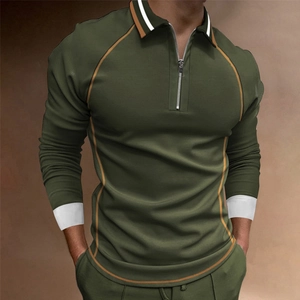 Polo à manches longues pour hommes vert olive avec imprimé 3D et col zippé contrasté