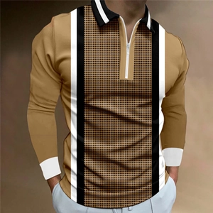 Polo à manches longues pour hommes en polyester avec imprimé 3D pied-de-poule et zip
