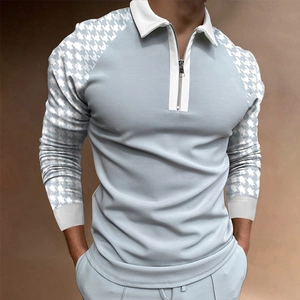 Polo manches longues bleu clair avec empiècements pied-de-poule et col zippé pour homme