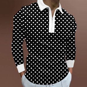 Detailed view of 3D polka dot print on men's polo shirt with zipper collar and white cuffs