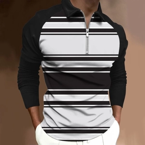 Detail of men's polo shirt featuring 3D striped patterns and silver zipper collar