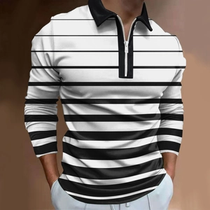 Detail of men's slim fit long sleeve Polo shirt with black and white horizontal stripes