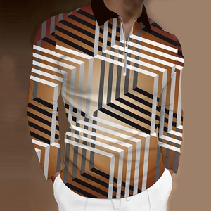Detail of men's polo with 3D geometric cube pattern and silver quarter-zip neckline
