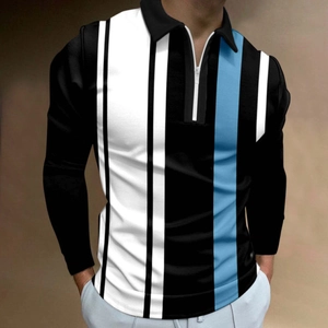Close-up of zipper collar and vertical tricolor striped pattern on long sleeve polo shirt