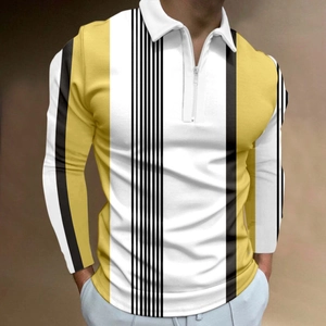 Detail of zippered polo neck featuring bold yellow, white, and black vertical stripes