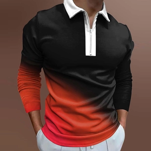 Detail of men's polo with red black gradient fabric and white zip collar feature