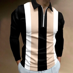 Detail of long sleeve polo shirt with zipper placket and vertical tri-color stripes