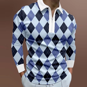 Detail showing the argyle print and contrast collar of the long sleeve men's polo shirt