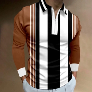 Detailed close-up of brown and white striped long sleeve polo with zip collar