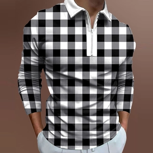 Close-up of men's polo shirt featuring black and white check pattern and metal zipper detail