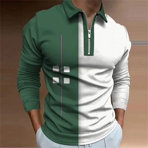 Detail of men's long sleeve polo shirt with green and white geometry and zipper collar