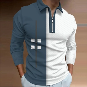 Detail of quarter-zip polo neck showing navy and white contrast stitching with 3D print