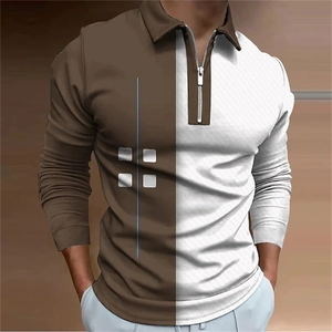 Detail view of men's polo shirt featuring half-zip collar and geometric chest print