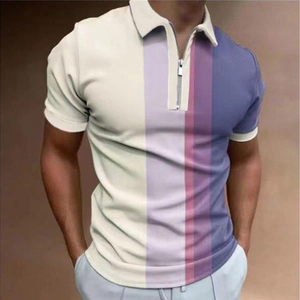 Men's zipper polo shirt with 3D vertical stripe digital print and casual short sleeves