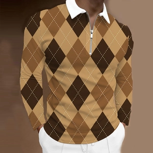 Close-up of the zipper collar and brown argyle knit pattern on this men's polo shirt