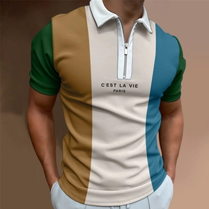 Detail of men's polo shirt with zip collar, color block design and Paris text print