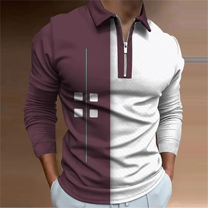 Detail of long sleeve polo shirt featuring zipper collar and geometric digital print