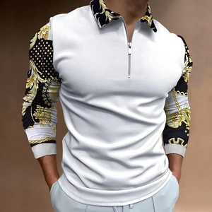 Detail of men's polo shirt featuring gold baroque print on black collar and sleeves